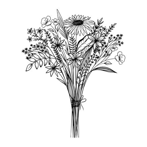 Bouquet Of Simple Flowers Wildflowers Fine Bouquets Hand Drawn Sunflower Lavender Other Wild
