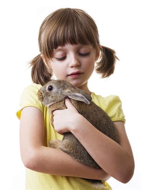 Little Girl And A Little Brown Rabbit Stock Image Image Of Luck Care