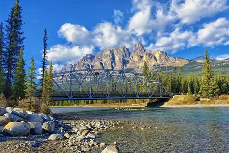 Wallpaper Banff Alberta Canada River Bridge Mountains Rocks