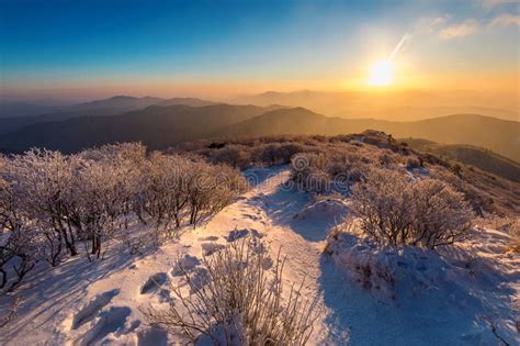 Sunrise On Deogyusan Mountains Covered With Snow In Wintersouth Korea