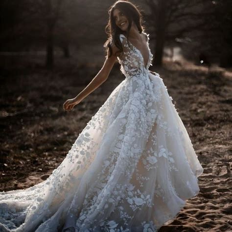 Lace Wedding Dress Floral Wedding Dress 3d Flowers Bridal Etsy