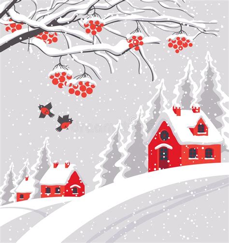 Winter Snowy Village Landscape In Cartoon Style Stock Vector