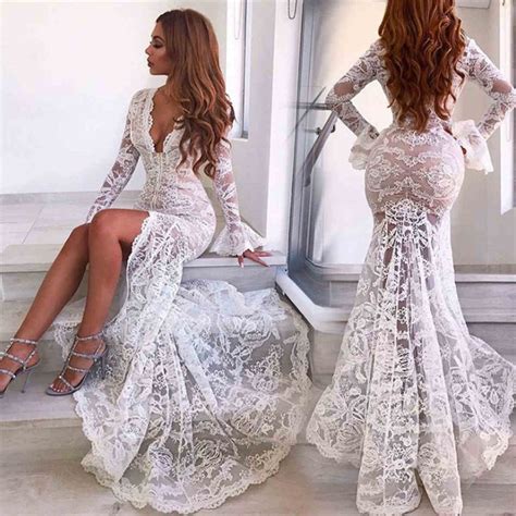 Women Deep V Neck Long Sleeve White Lace Mermaid Wedding Front Slit