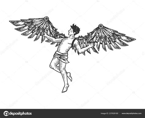Icarus With Mechanical Wings Greek Mythology Engraving Vector