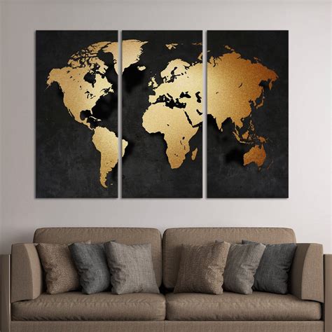 3d Golden World Map Multi Panel Canvas Wall Art World Map Decor Map