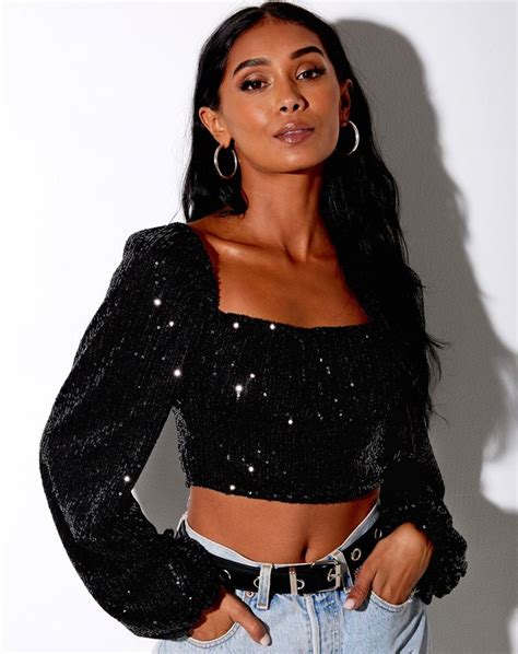 Black Sequin Top Sparkly Crop Tops Sparkly Top Outfit