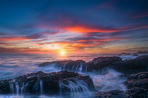 Oregon Coast Sunset And Ocean Waterfalls Stock Image Image Of America