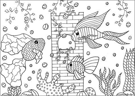 Parents can print these fish coloring printables for their children from home to enjoy. Tree fishes in a aquarium - Fishes Adult Coloring Pages