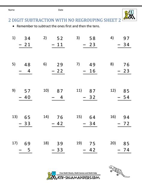 Subtraction Of Two Digit Numbers Without Regrouping Worksheets