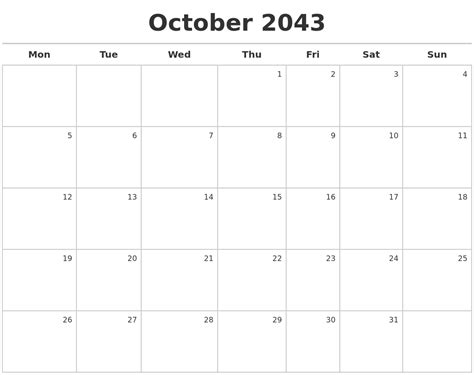 October 2043 Calendar Maker