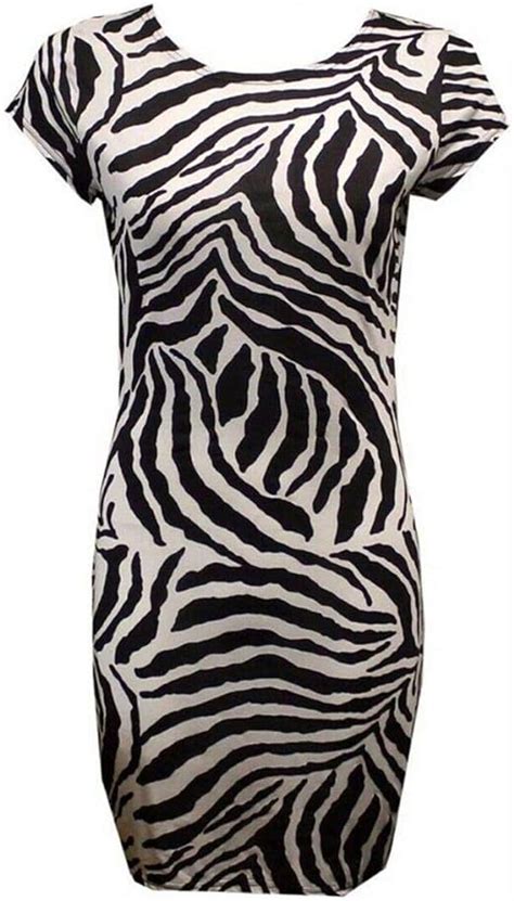funkyfashion women ladies short sleeve body con black white zebra printed midi dress