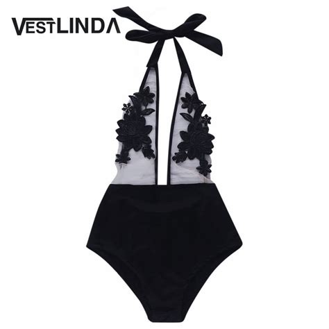 Buy Vestlinda Women Fashion Bodysuits Sexy Black Halter Voile Spliced Floral