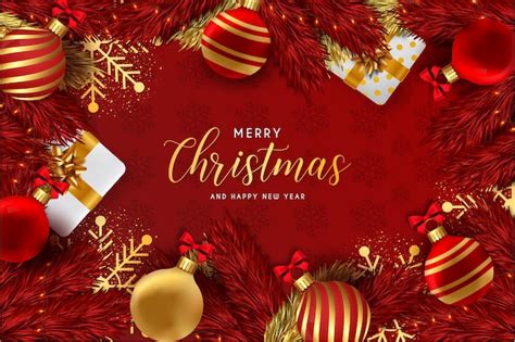 Free Vector Merry Christmas And Happy New Year Background Red With