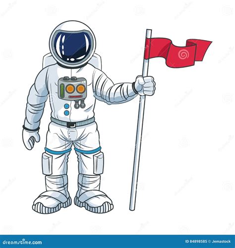 Astronaut With Red Flag On Moon Cosmonaut In Space Suit Vector