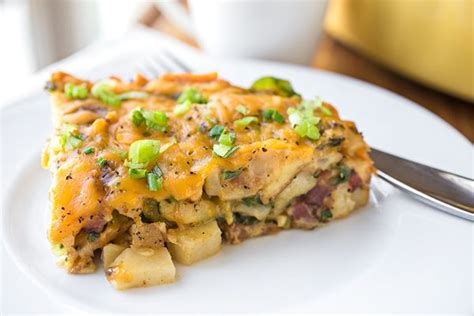 Cheesy Breakfast Bake With Crispy Bacon Diced Potatoes And More