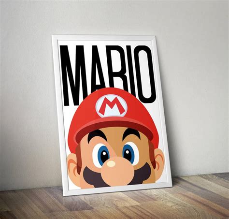 A Mario Bros Poster Is On The Wall Next To A Wooden Table With A Lamp