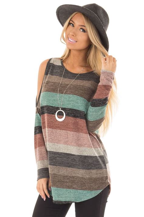Multi Color Striped Long Sleeve Cold Shoulder Top Front Closeup Cold