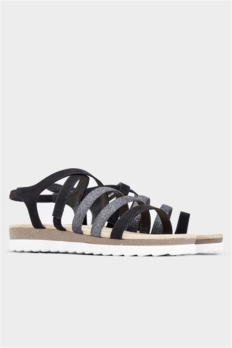 Black Glitter Strappy Sandals In Extra Wide Fit Yours Clothing