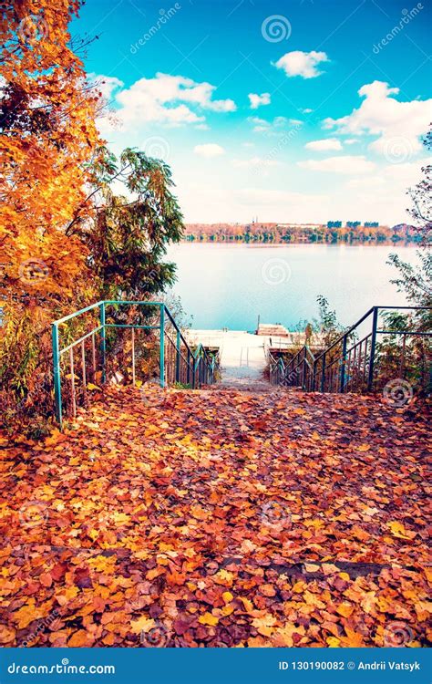 Beautiful Autumn Landscape With Lake Clouds In The Sky And Fall Stock