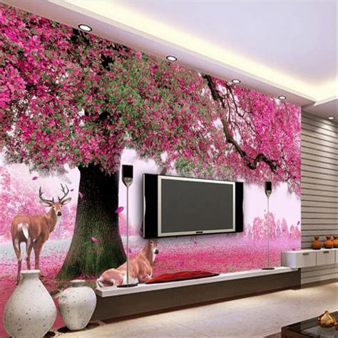 Beibehang Custom Wallpaper Big Trees Sika Deer Cherry Blossom Rainbow