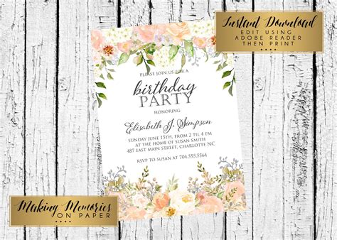 Bridal showers are fun celebrations leading up to weddings. Peach hydrangeas Birthday party Invitation, Baby Shower, INSTANT DOWNLOAD Watercolor Flowers ...