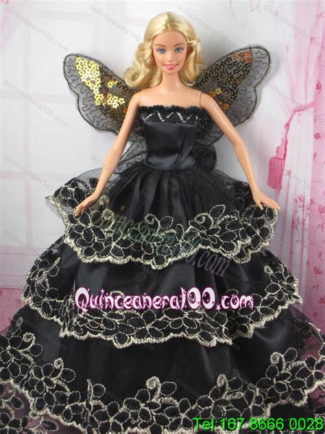 Luxurious Black Strapless Lace Ruffled Layeres Party Clothes Fashion Dress For Noble Barbie