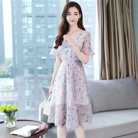 Gefanshi Korean Style Casual Short Sleeve V Neck Slim Print Dress Chiffon Summer Sexy Sweet