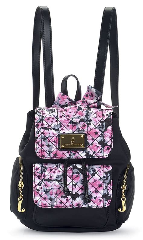 Nwt Juicy Couture Malibu Pink Floral Black Quilted Nylon Mini Backpack