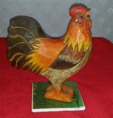 Carved Wooden Rooster 775 Tall Wood Chicken Red Orange Brown Folk Art Decor Folk Art Decor