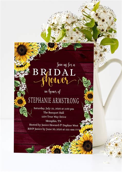 Burgundy Sunflower Bridal Shower Invitation Template-Rustic | Etsy | Bridal sunflowers, Rustic ...