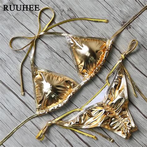 Gold Color Bikinis Sexy Women Swimsuit Bandage Adjustable Bikini Set