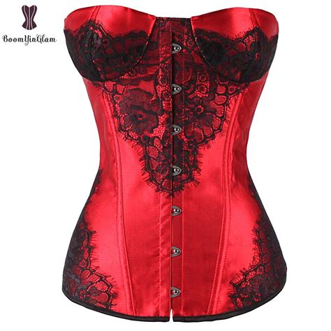 Lace Applique Corset Top With Cup Overbust Boned Sexy Women Corselet Summer Underwear Satin