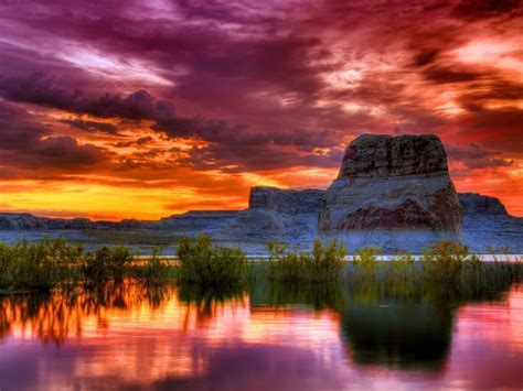 Arizona Sunset Scenery Lake Rocky Mountains Orange Clouds Reflection In