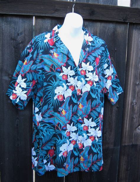 Black Turquoise Red Teal Orchid Parrot Print Shirt Men S Large