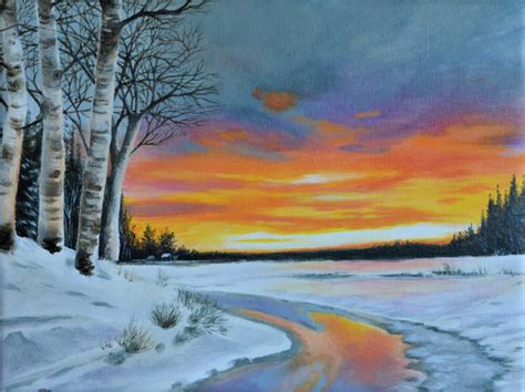 Winter Sunset Snow Scene Original Acrylic On Ca Folksy