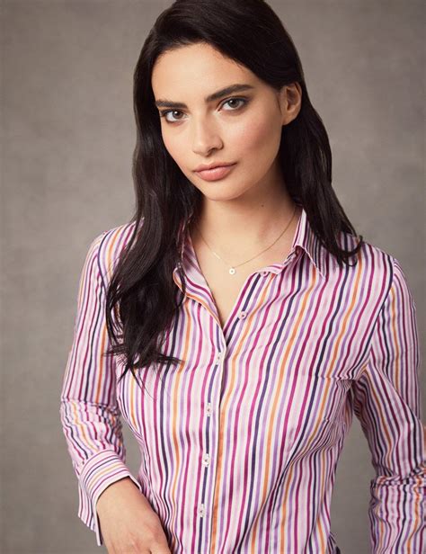 Womens White And Pink Multi Stripe Fitted Shirt Double Cuff Hawes And Curtis Work Wear Women