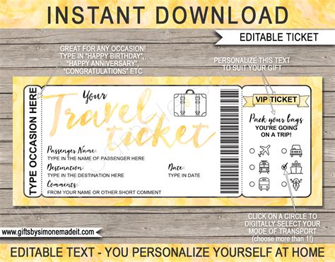 Printable Travel Ticket T Template Surprise Vacation Reveal