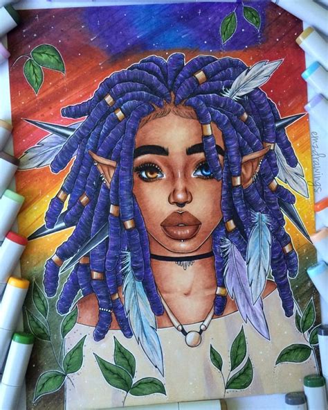 A Drawing Of A Woman With Blue Dreadlocks On Her Head And Green Leaves