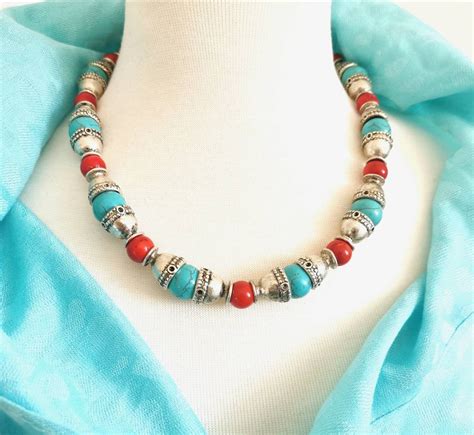 Red Coral And Turquoise Necklace Turquoise Jewelry Bold Etsy Uk Multi