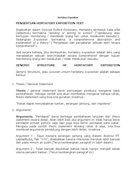 Please, read the example below carefully. Contoh Hortatory Exposition Dalam Bahasa Indonesia Simak ...