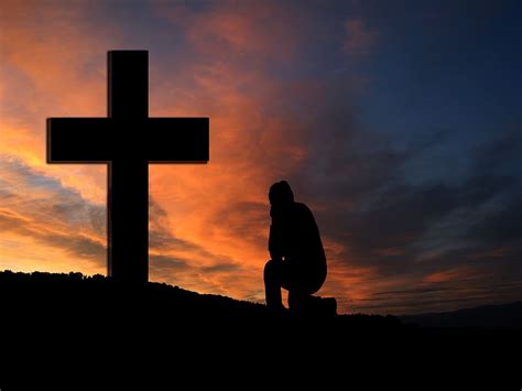 Silhouette Person Sitting Front Cross Sunset Human Kneeling