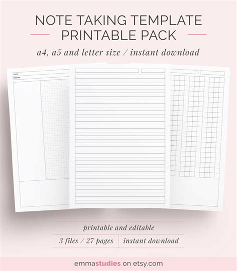 Instantly download printable note templates, samples & examples in microsoft word (doc), google docs, apple (mac) pages. Student Note Taking Template Printable Pack | A4, A5 and Letter | Cornell, Lecture, Dot, Grid ...