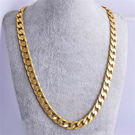 Mens Jewelry Yellow Solid Gold Filled Cuban Chain Necklace 24 7mm