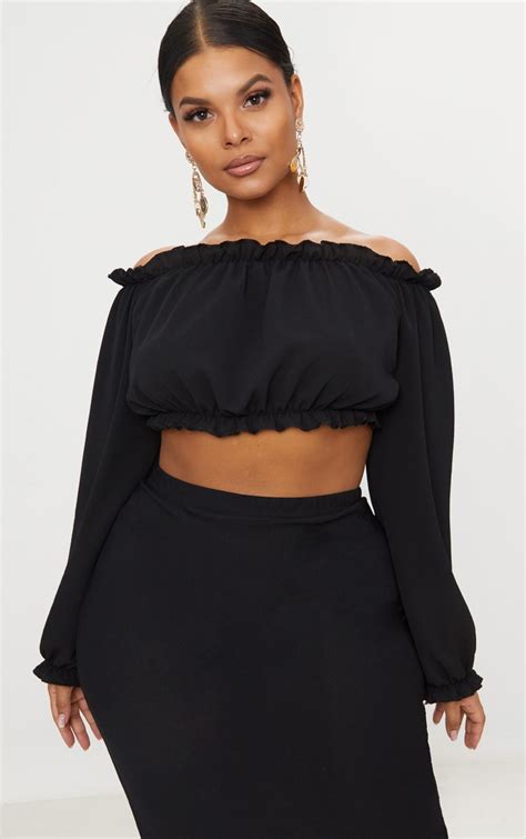 Plus Black Ruched Crop Top Plus Size Prettylittlething