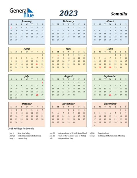 2023 Somalia Calendar With Holidays