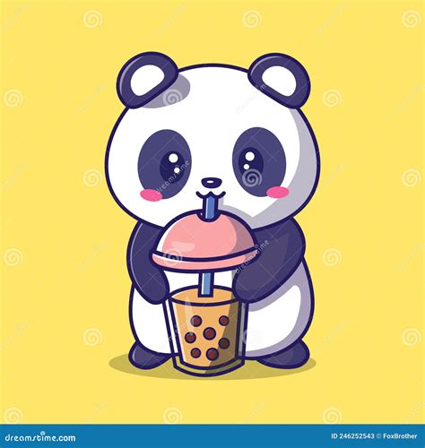 Cute Panda Drinking Milk Tea Boba Cartoon Illustration Stock Vector