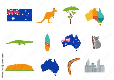 Australia Icons Vector Australian Traveling Set With Flag And Map