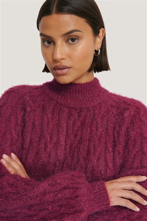 Cable Hairy Knitted Sweater Pink Na