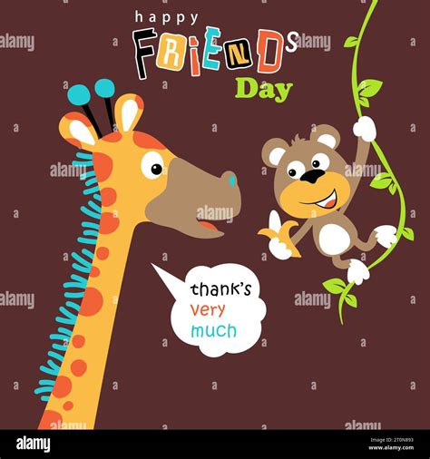 Funny giraffe with cute monkey hanging in vines holding banana, vector