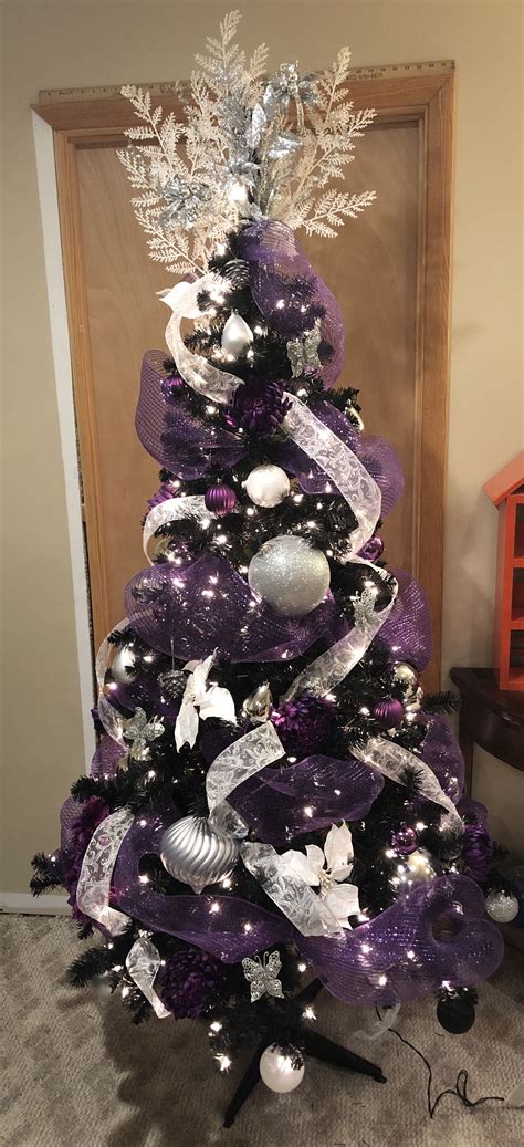 Purple White Silver On A Black Christmas Tree Purple Christmas